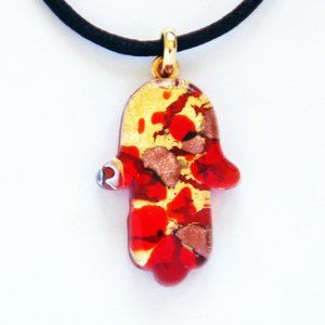 Hamsa Murano Glass Necklace Pendant Handmade Red